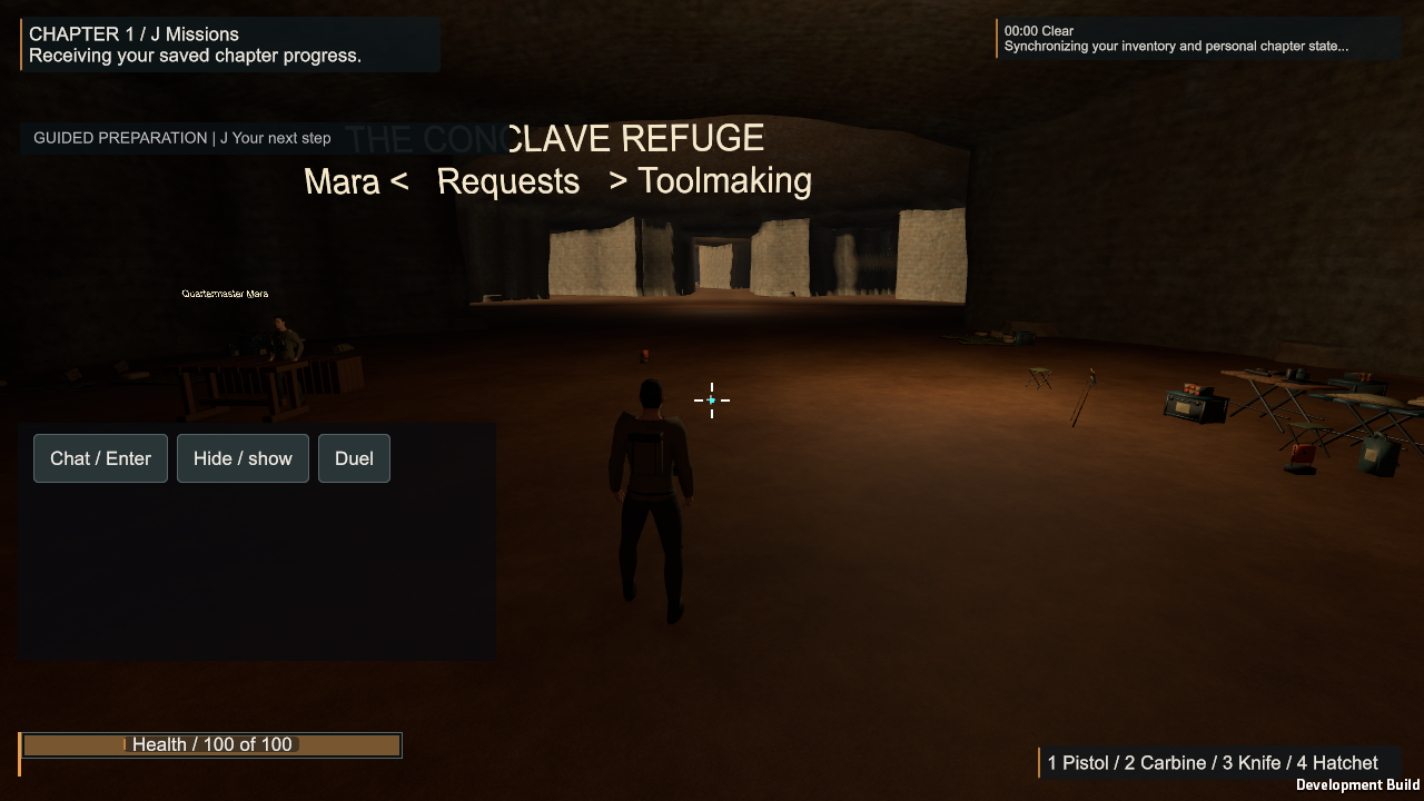 Third-person character inside the Conclave refuge in an early development build